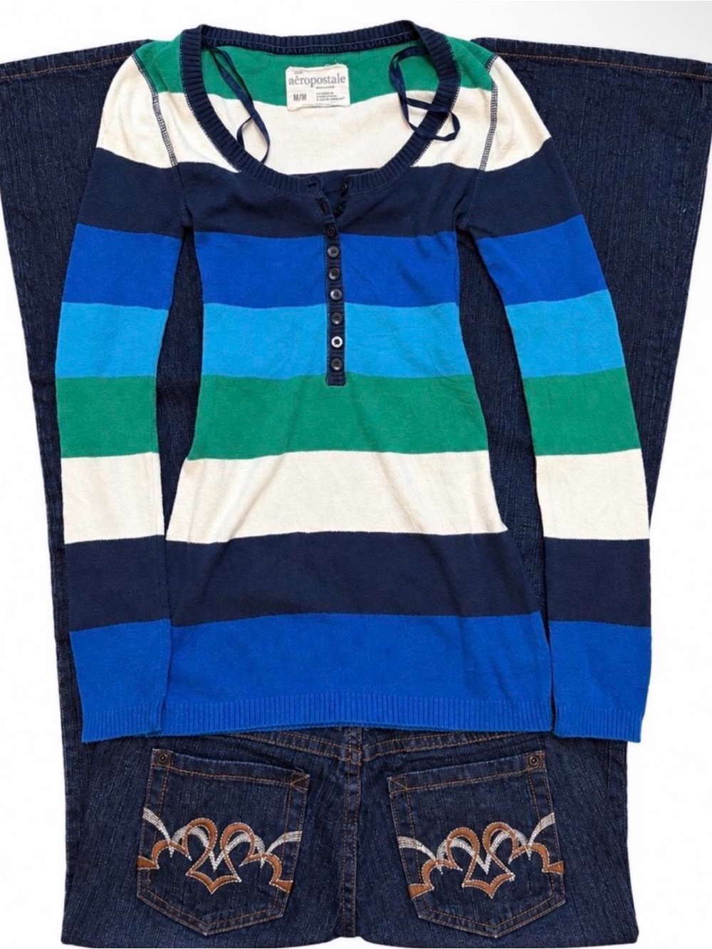 Aeropostale vintage 2009 Y2K Striped Long-Sleeve Henley Top - Blue, Green, White